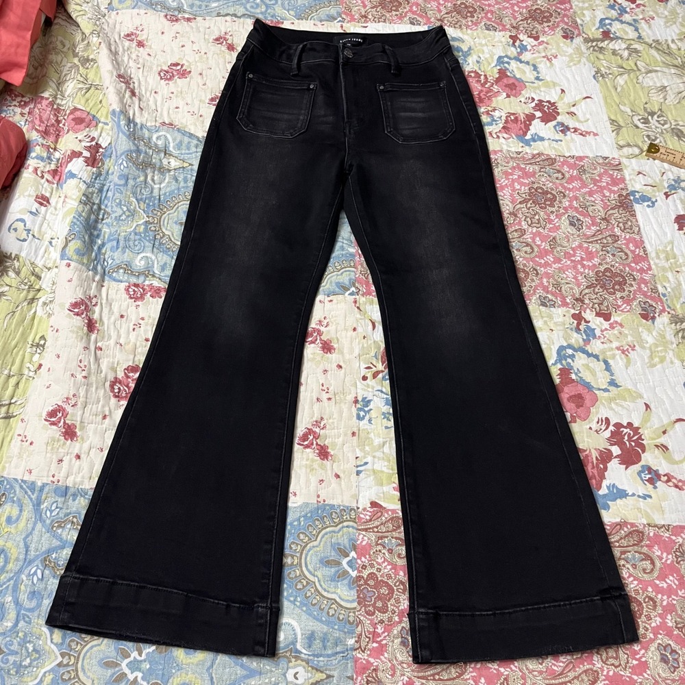 Risen Jeans Womens High Rise Flare Leg Black Faded Denim Patch Pocket Size 7/28